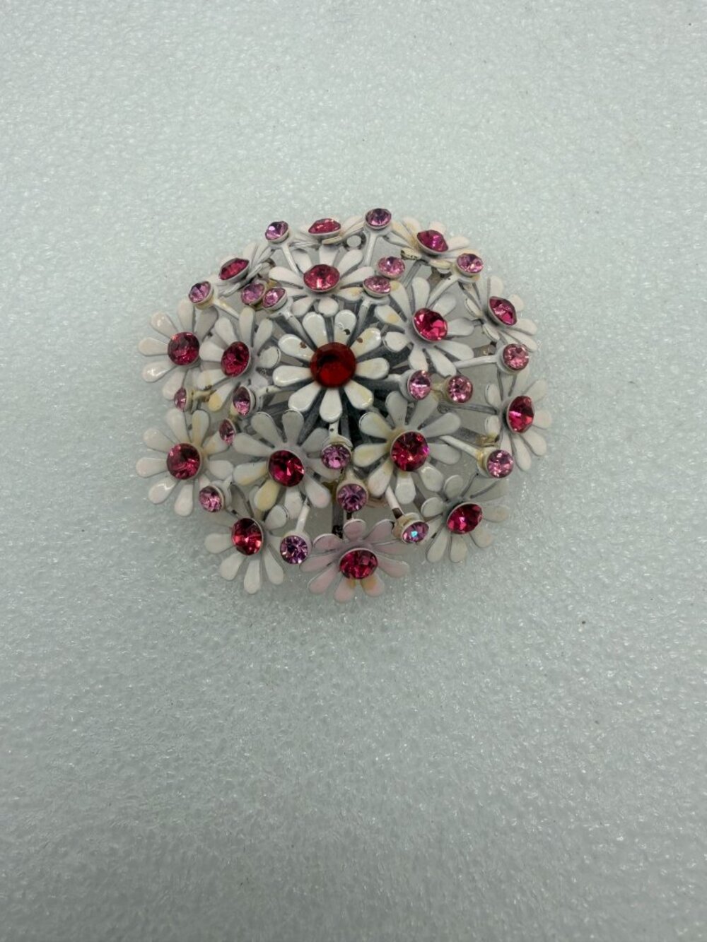 Vintage Cluster Flower Brooch Pin White Enamel Pink Rhinestones